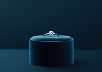 Obraz premium Elegant engagement ring nestled in a velvet box isolated on a blue gradient background 