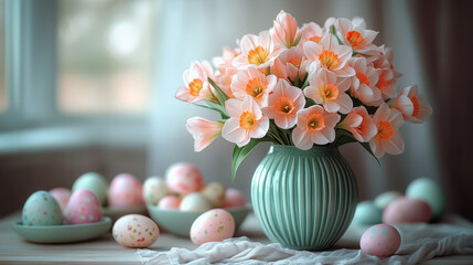 Pastel Easter Eggs and Peach Daffodil Bouquet in Teal Vase