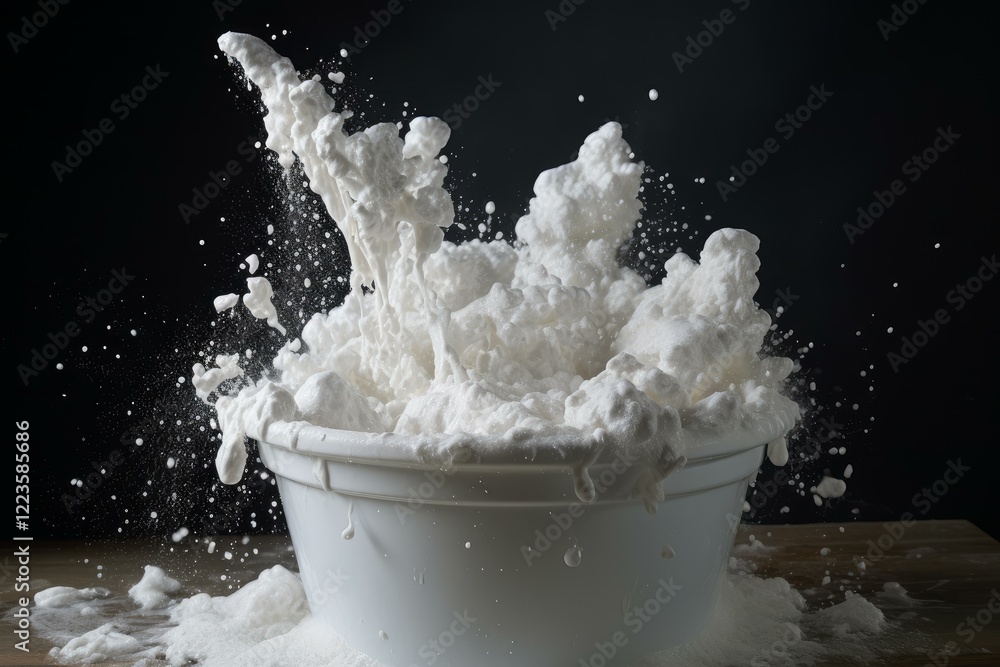 Poster white flour exploding from a mixing bowl, creating a large foam cloud, on dark background