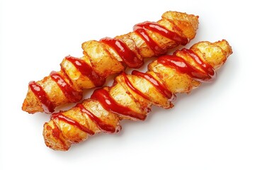 Twisted potatoes with ketchup isolated on a white background