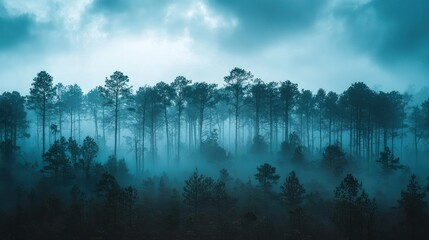 Obraz premium Misty pine forest landscape, dramatic sky, nature background, wallpaper