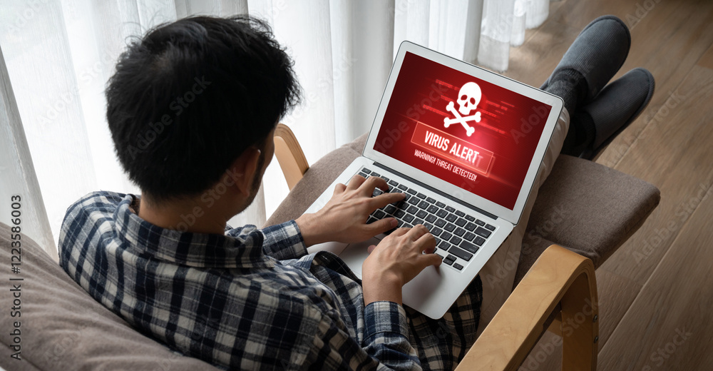 Poster virus warning alert on computer screen detected modish cyber threat , hacker, computer virus and mal