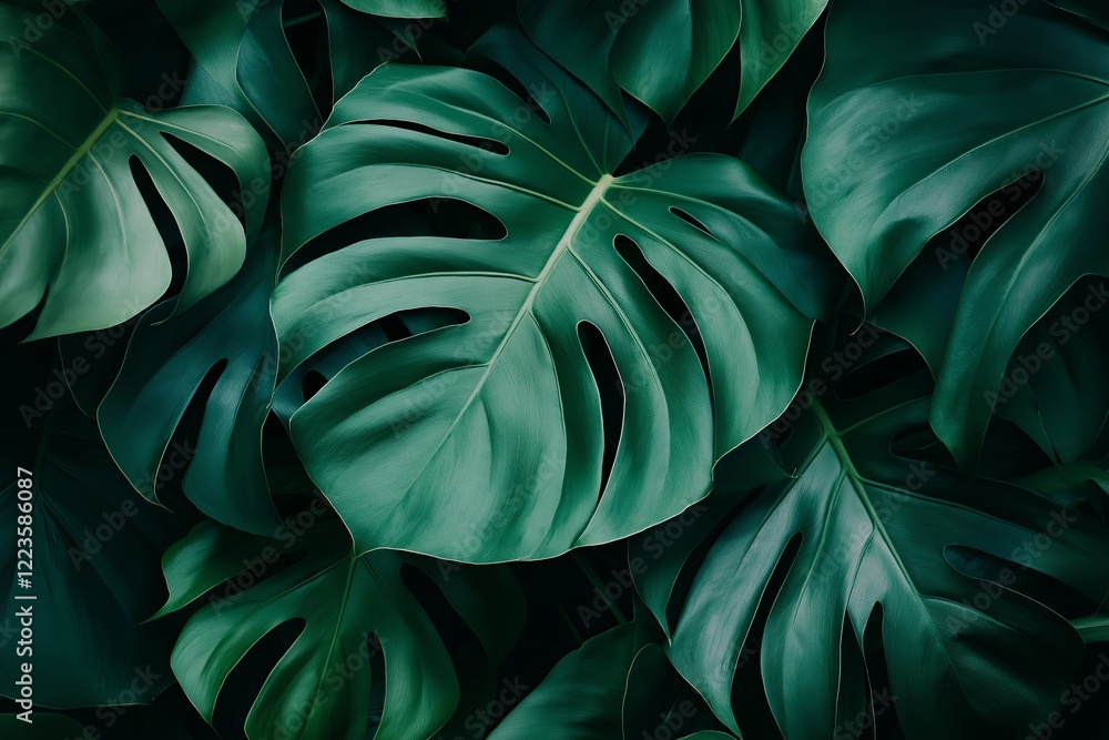Poster an intricate close-up of tropical leaves with striking patterns