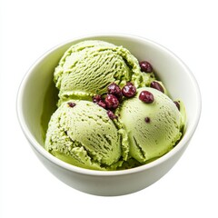 A bowl of vibrant green matcha ice cream with red bean paste, isolated white background, minimalist art style