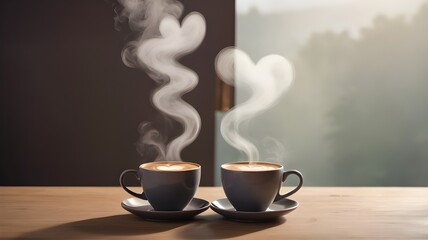 A cozy morning scene with two coffee cups side by side, steam rising into a heart shape against a softly blurred background.
