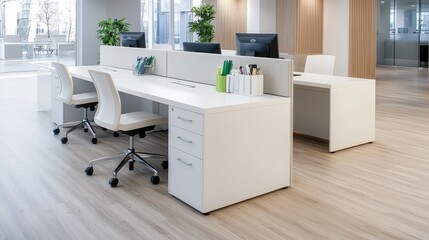 Modern office workspace, collaborative desks, city view, light wood floor. Ideal for business websites