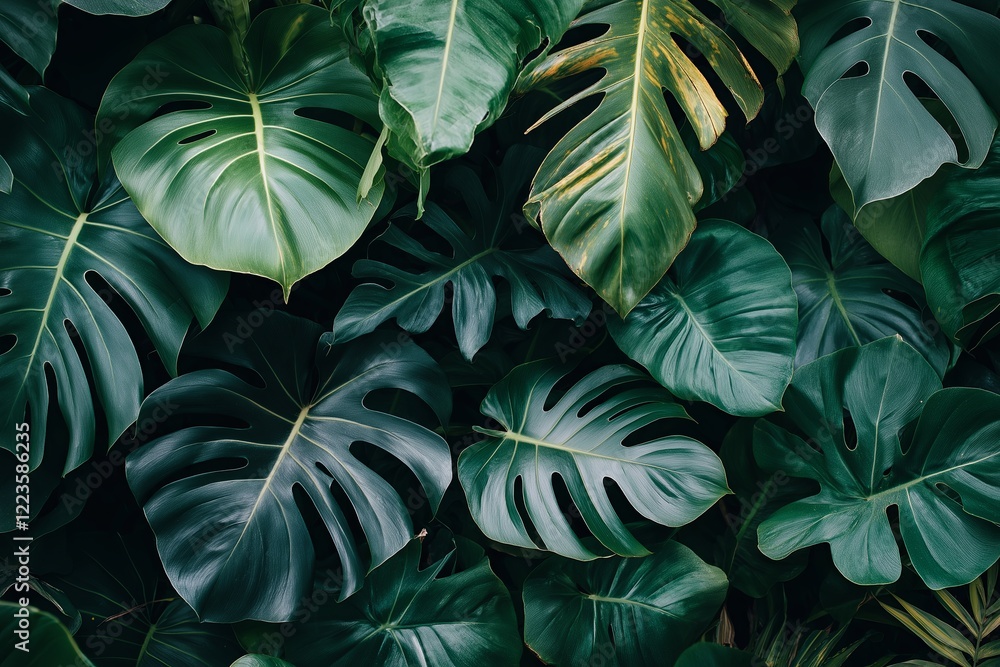 Poster an intricate close-up of tropical leaves with striking patterns --ar 3:2 --style raw --v 6.1 job id: