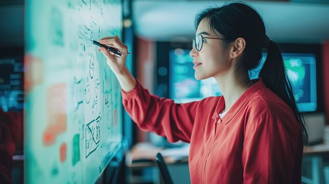 Teacher engaging students with digital whiteboard lessons in modern classroom environment