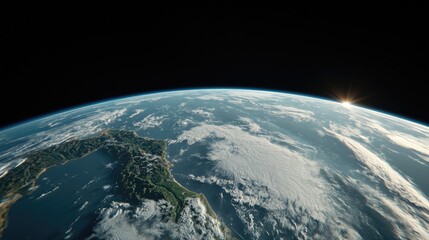 Fototapeta premium Sunrise over Earth from space, showing land and clouds. Use travel, geography
