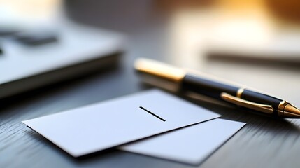 Elegant Black Pen on Blank White Business Cards Minimalist Office Workspace Professional Stationery Design Modern Business Branding Identity Template 