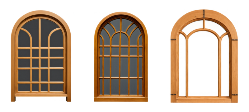 A set of wooden window with arched top, featuring wooden slats and delicate hardware, set against a transparent background