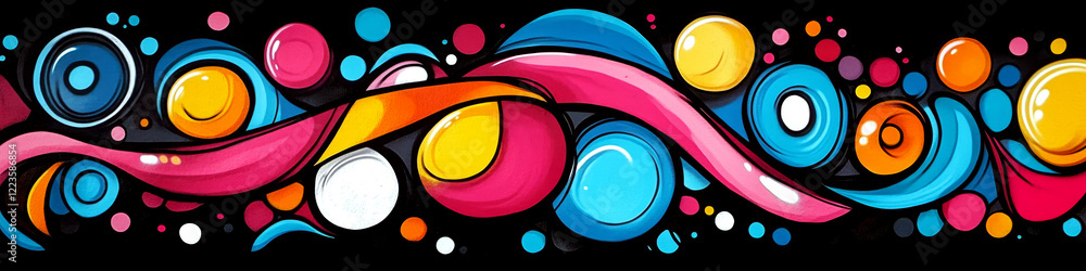 Poster colorful abstract shapes with swirls and circles on a black background. concept of modern art and cr