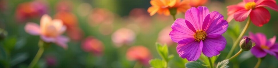 Fototapeta premium Shali violet blooms in the garden with other flowers in a colorful bouquet, flower, summer