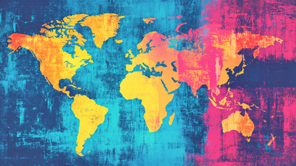 Naklejka premium Vibrant abstract world map in neo-brutalism style with bold colors and rough textures