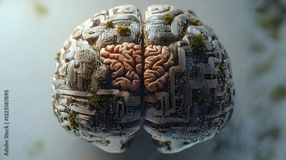 Poster a digital brain fusing with a biological brain to depict the convergence of artificial stock knowled