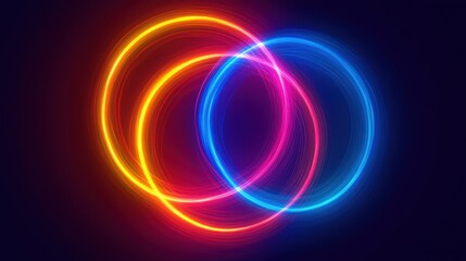 Three radiant circles of neon light in red, blue, and yellow intersect, creating a visually striking display against a dark backdrop. The colors harmoniously blend at their intersections