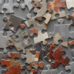 Fototapeta premium The puzzle pieces randomly scattered on a gray background creates a playful and attractive visual concept.