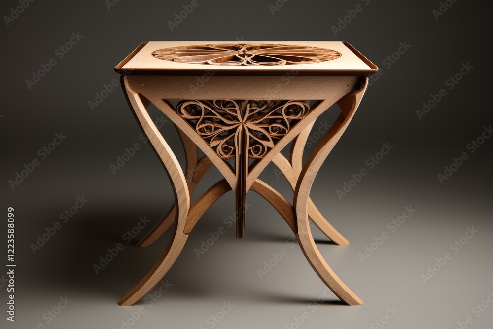 Poster modern wooden coffee table with carved floral pattern illuminated by soft light, showcasing craftsma