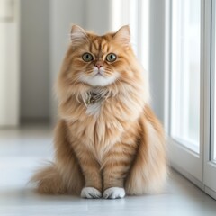 Fototapeta premium Fluffy ginger cat indoors near window, sitting, looking