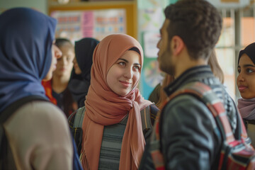 Photography of first year Algeria students engaging in and getting to know each other.
