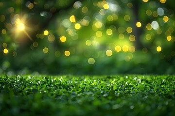 Obraz premium A green grass field with bokeh lights in the background