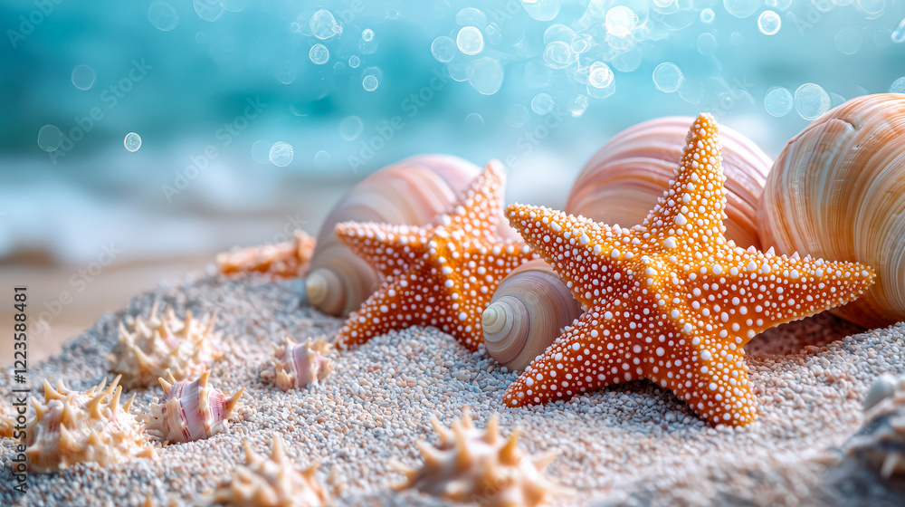Poster beach scene with two orange stars and a bunch of shells. the shells are scattered around the stars, 