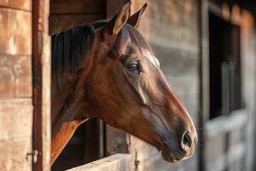 A bay horse peeking out of the stall Maintenance of animals
