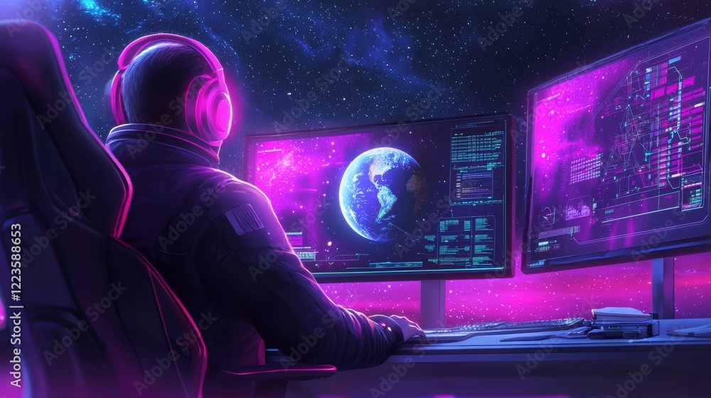Poster Cyberpunk Gamer in Neon Lit Space Station in Front of Monitors Displaying Earth Data