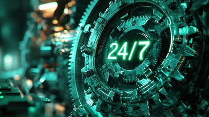 A complex arrangement of metallic gears glows with a bright green 24/7 display, representing constant activity in a modern, advanced setting with intricate details