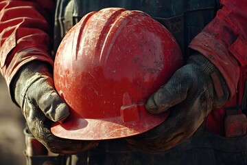 Dirty Red Hard Hat Held by Worker in Gloves Construction Safety Gear