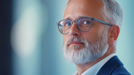 Close up portrait of a mature man with a gray beard covered in frost, wearing glasses and a dark suit, set against a blurred teal background. The image has a cool, slightly mysterious tone.