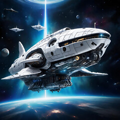 Obraz premium spaceship flying in the dark space, science fiction scenery