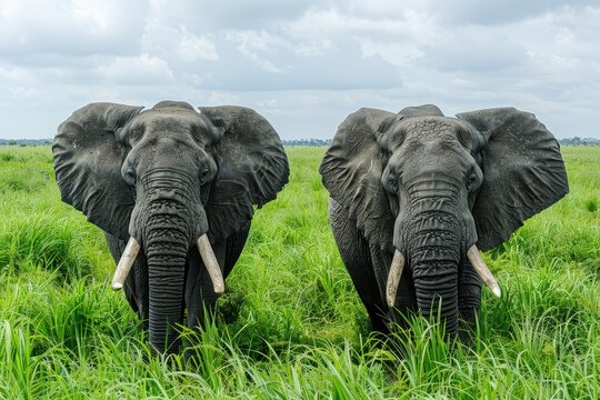 A pair of tusky elephants in grassy terrain