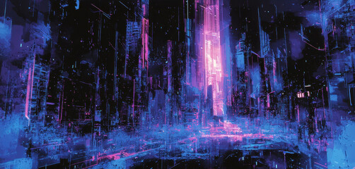A bustling metropolis features towering skyscrapers illuminated in varying shades of blue and pink. The urban landscape exudes a lively yet mysterious ambiance, reminiscent of a digital utopia