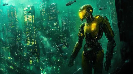 A robotic figure stands in an underwater city, surrounded by glowing skyscrapers. Schools of fish and small submarines navigate through the vibrant landscape of light and technology