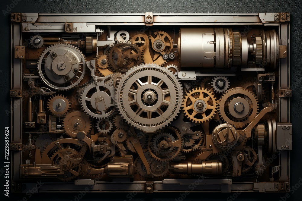 Poster intricate clockwork mechanism with interlocking gears and pistons, showcasing the complexity of engi