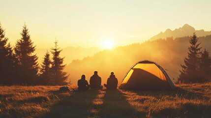 Family enjoying sunrise camping in a tent with misty mountains in the background