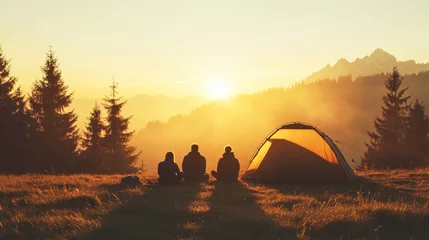 Fotobehang Family enjoying sunrise camping in a tent with misty mountains in the background © Taras Vykhopen