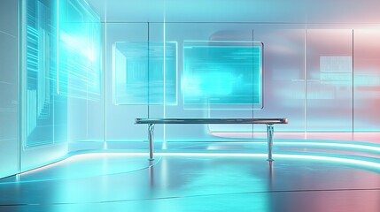 A sci-fi minimalist workspace with floating holographic screens
