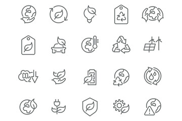 Eco & Environment Icons – Editable and Ready to Use. Vector icon set featuring recycling, renewable energy, CO2 reduction, water conservation, and eco-friendly transport.