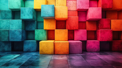 Colorful wall made of blocks with a blue square in the middle. The wall is made of different colored blocks, including red, yellow, and green