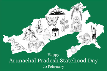 A vibrant graphic for Arunachal Pradesh Statehood Day featuring a stylized state map filled with iconic symbols, celebrating the state’s rich heritage, diversity, and pride.