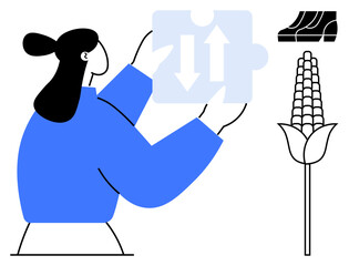 Woman holding a puzzle piece adorned with arrows, signifying solutions and connections nearby corn plant symbolizes agriculture, and a manufacturing conveyor belt implies production processes. Ideal