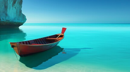 Naklejka premium A red wooden rowboat floats on tranquil turquoise water near a white rock cliff under a clear blue sky. The scene is peaceful and idyllic, suggesting a tropical beach setting.