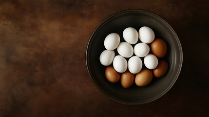 Collection of White and Brown Eggs in a Dark Bowl