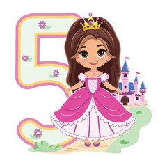 Cute princess with beautiful eyes in a pink dress and number 5 on white background. Happy Birthday concept. For Greeting Card or Invitation. Vector illustration in flat cartoon style
