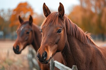 Obraz premium Autumn photo of young brown stallions in farm corral