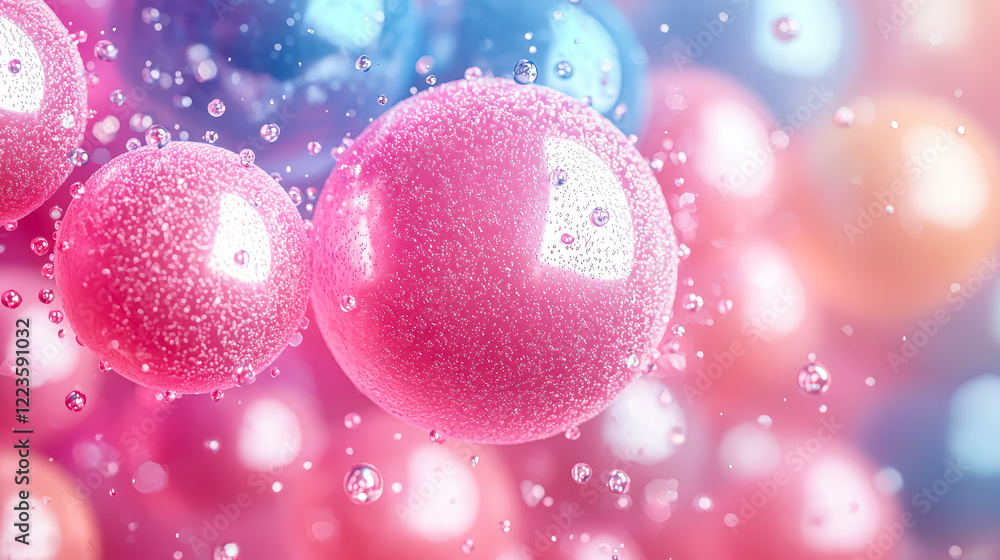 Poster pink and blue spheres floating in a sea of water droplets. the spheres are of different sizes and co