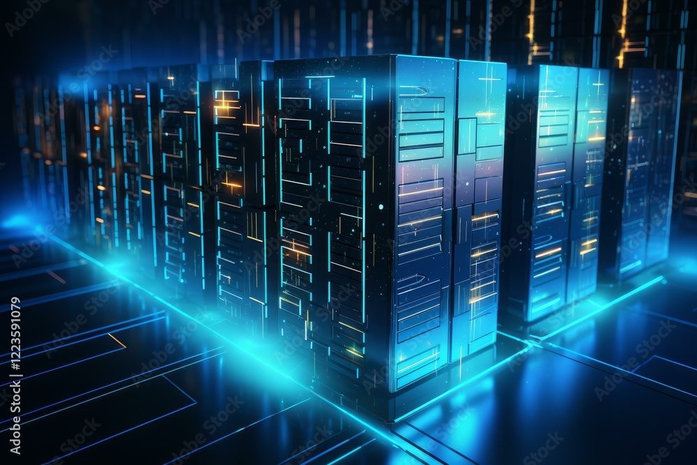 Poster futuristic server racks with glowing lights processing big data in a dark data center, symbolizing c