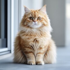 Fototapeta premium Fluffy ginger cat sits outdoors, near door, calm